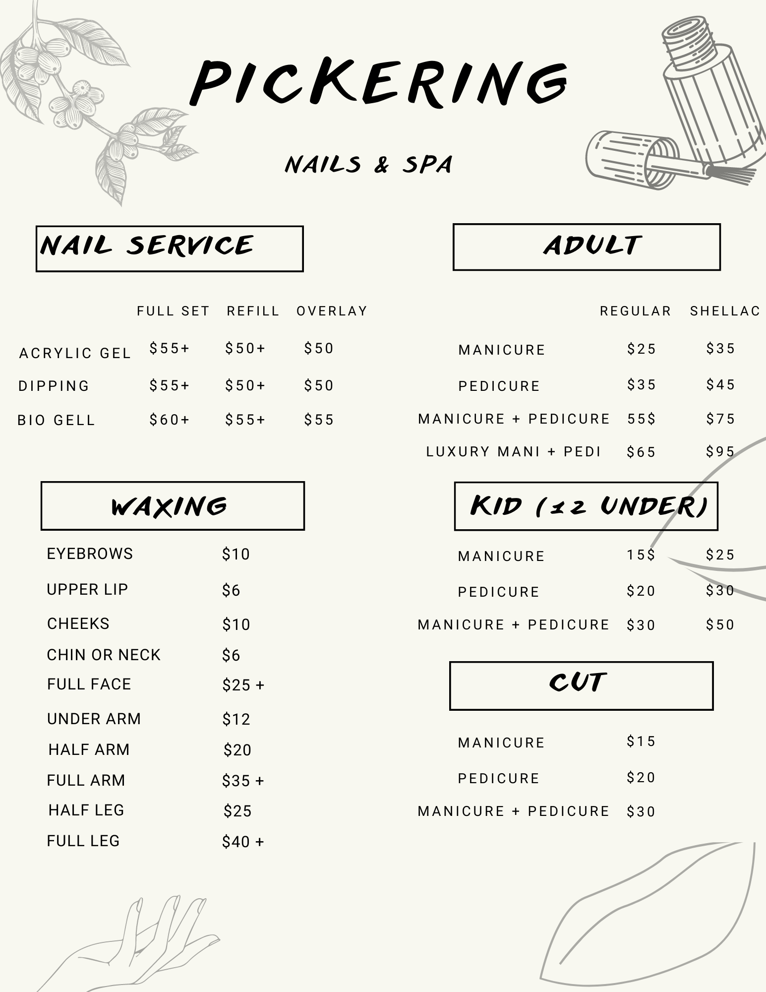 Menu for all services